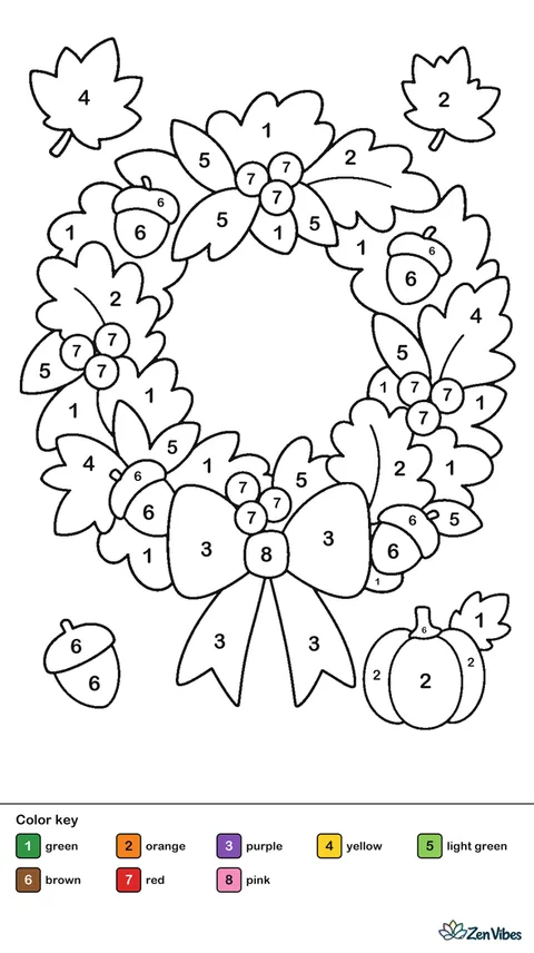 A round wreath of leaves and berries with a big bow at the bottom