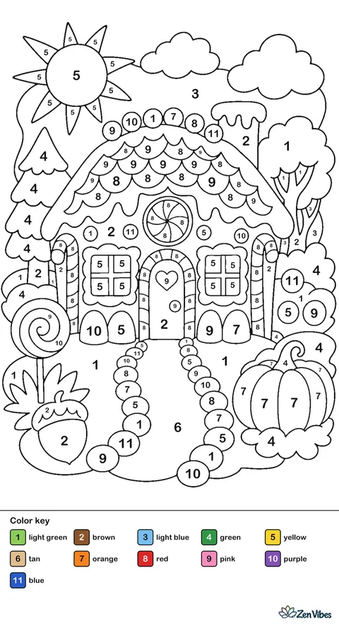 A gingerbread house with icing roof, candy decorations, and a path of round candies