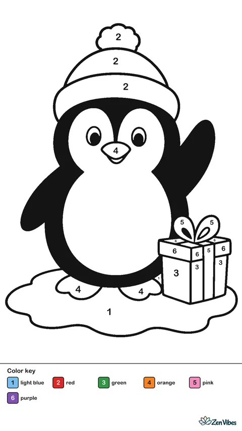 A round penguin wearing a red hat standing on snow with a small gift