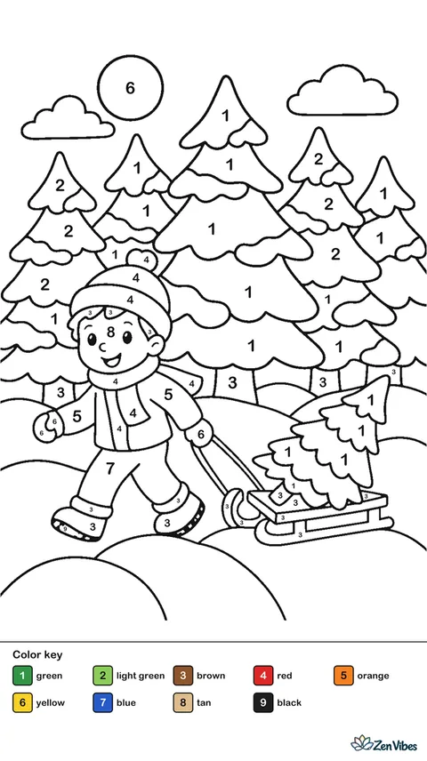 A row of pine trees in snow with a child pulling a sled carrying a small tree