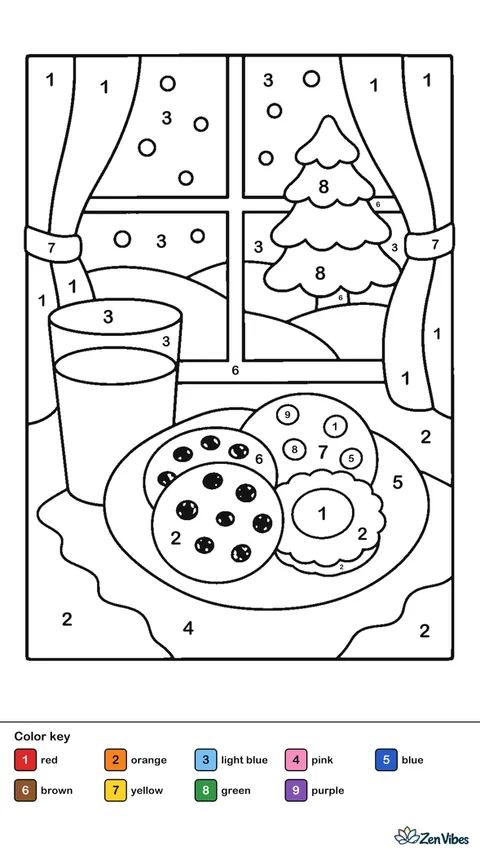 A plate of cookies and a glass of milk on a table by a window with snow outside