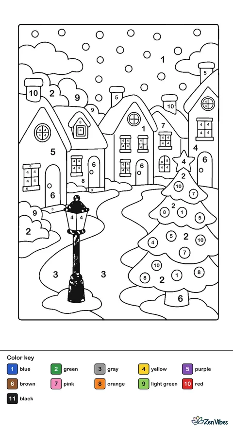 A street of small houses with lit windows, a lamp post, a decorated tree, and falling snow