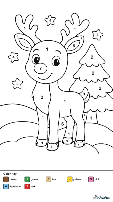 A reindeer standing in snow with a pine tree and stars