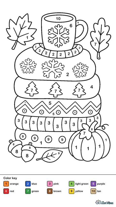 A stack of folded sweaters with snowflake and tree patterns, a mug on top