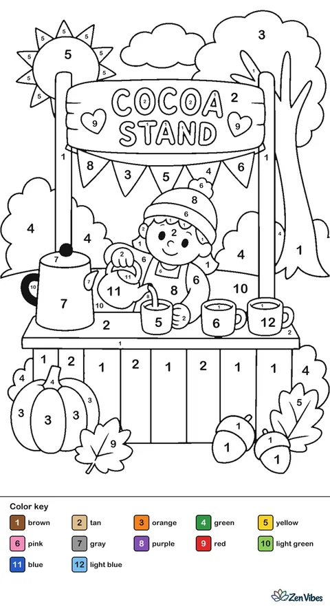 A small wooden stand with a sign, mugs, a kettle, and a child serving cocoa