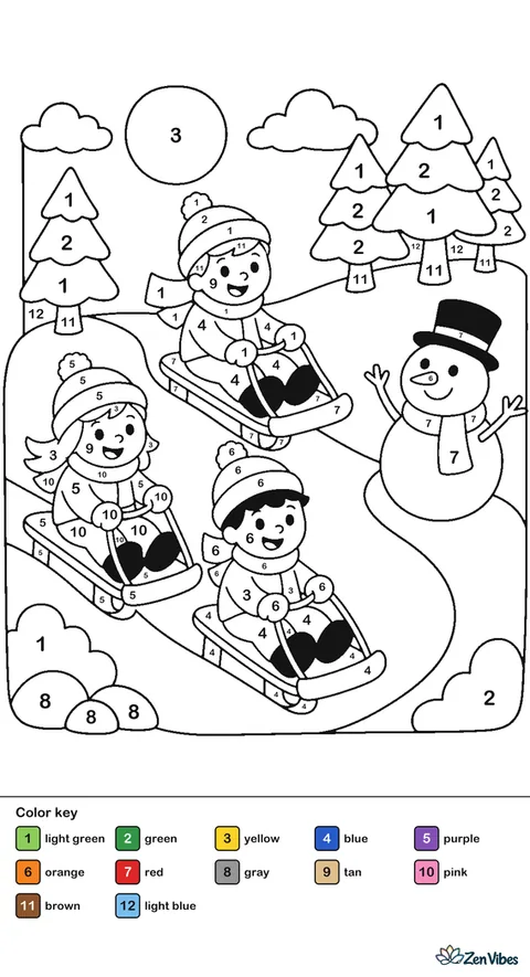 Three children on sleds going down a hill with pine trees and a snowman watching