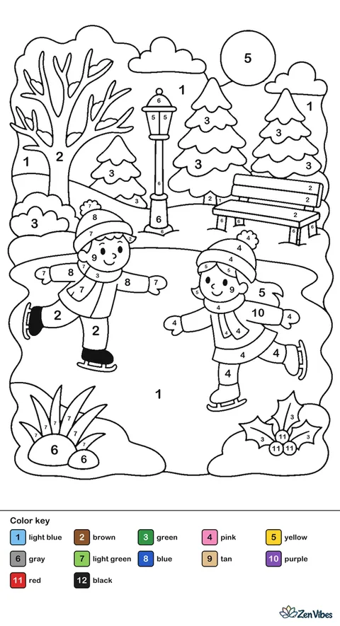 Two children skating on a frozen pond with a bench, a lamp, and snowy trees