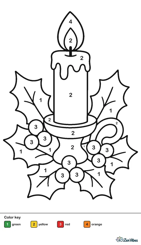 A lit candle in a holder surrounded by holly leaves and berries