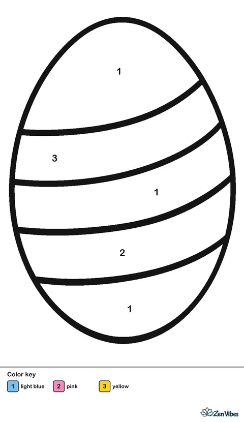 A single blue Easter egg with three wide stripes in yellow and pink, on plain white