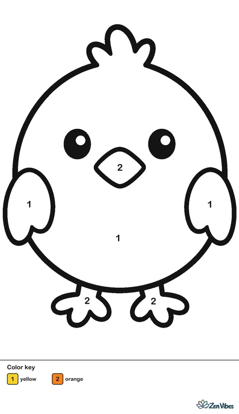 A round yellow chick with an orange beak and two short orange feet, on plain white