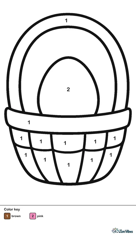 A brown woven basket with a curved handle and one pink egg sitting inside, on plain white