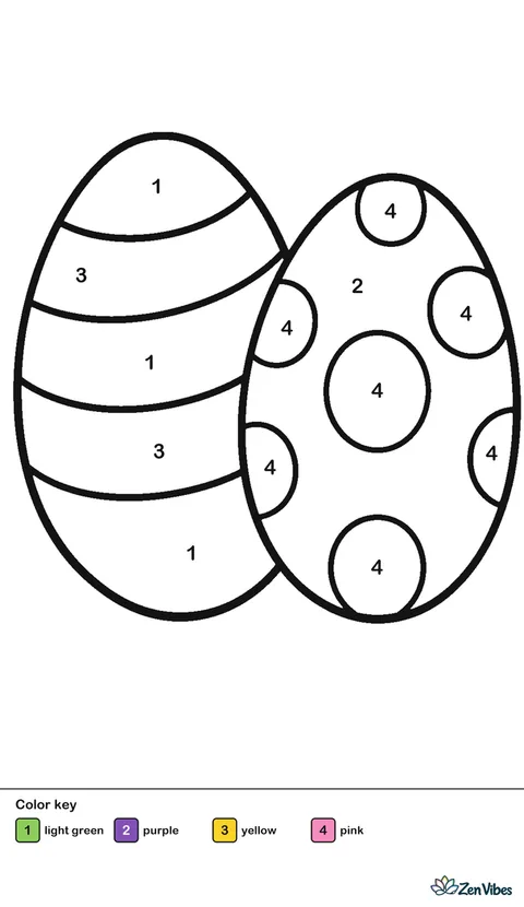 Two Easter eggs side by side, one green with wide stripes and one purple with big round dots, on plain white
