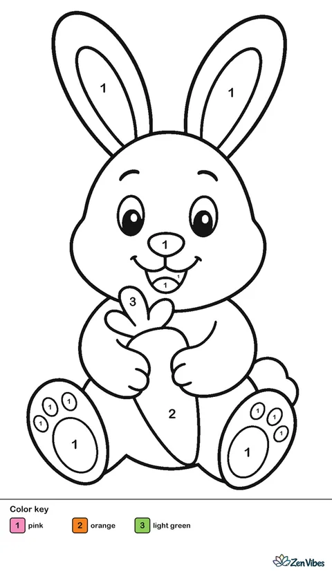 A sitting white bunny holding one orange carrot in both front paws, on plain white