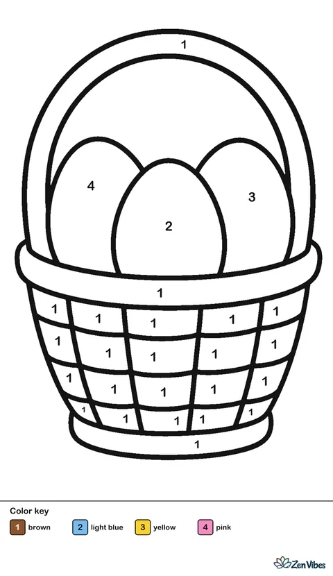 A brown woven basket holding three eggs in pink, blue, and yellow, on plain white