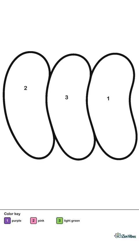 Three big jelly bean shapes in pink, green, and purple, lined up in a row on plain white
