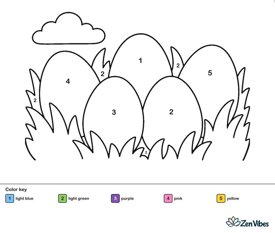 Five colored eggs tucked in green grass with a light blue sky and one white cloud above