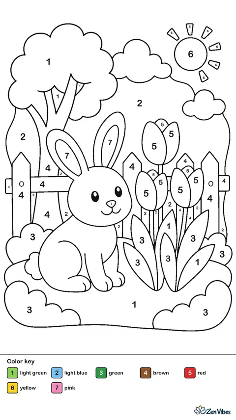 A white bunny sitting in green grass beside a row of red tulips with a wooden fence behind