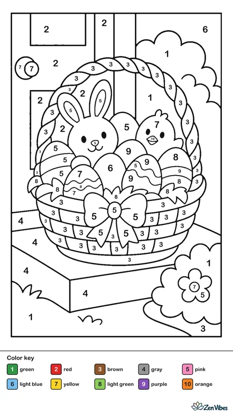 A full Easter basket on a gray porch step with a red front door and a green shrub beside it
