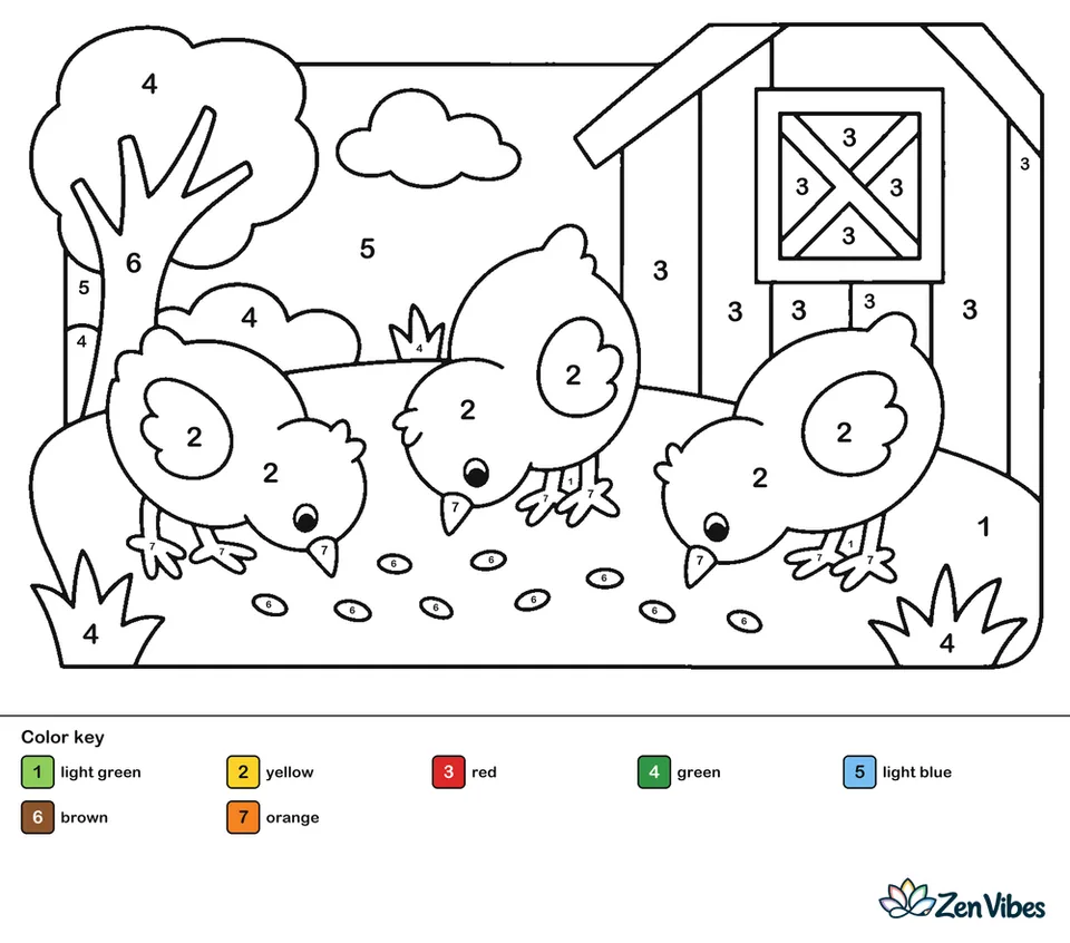 Three yellow chicks pecking in short green grass with a red barn wall and blue sky behind them