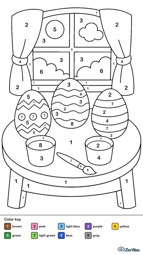 A wooden table with three painted eggs, two paint cups, and a brush, with a window and blue sky behind