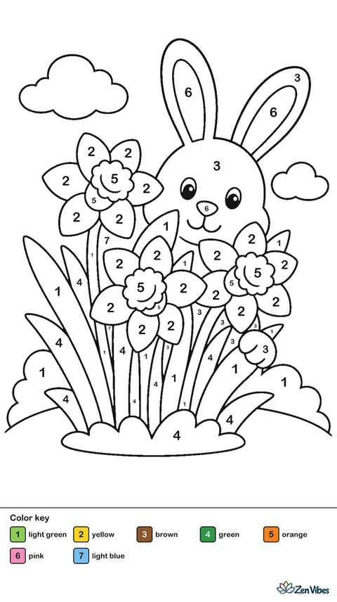 A brown bunny peeking out from behind a patch of yellow daffodils under a light blue sky