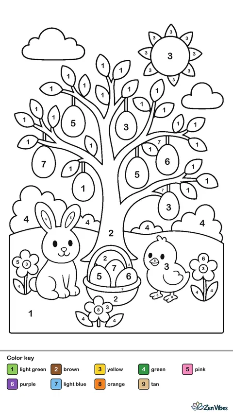 A small tree with painted eggs hanging from its branches, standing in green grass under a blue sky