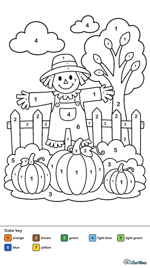 A pumpkin patch with three pumpkins of different sizes, a smiling scarecrow, a wooden fence, a tree with orange leaves, and a few clouds