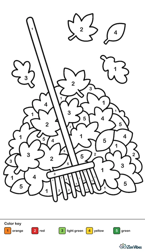 A wooden rake leaning on a big pile of colorful leaves with a few leaves still falling