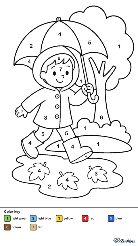 A child in rain boots holding an umbrella walking past a puddle with leaves floating in it and a tree behind