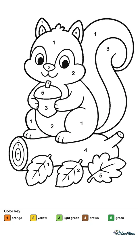 A chubby squirrel sitting on a log holding an acorn with a few leaves on the ground