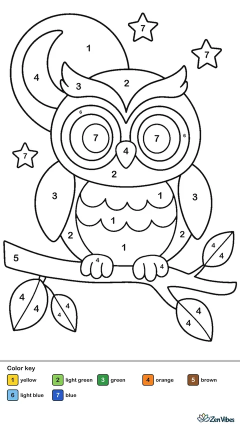 A round owl sitting on a branch with a few orange leaves and a big moon behind