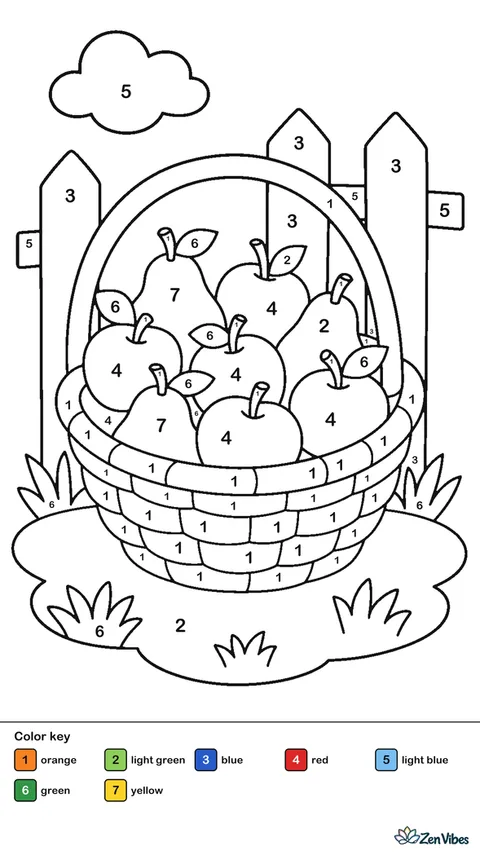 A wicker basket full of apples with a few pears, sitting on grass beside a fence
