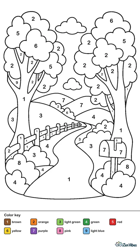 A country lane lined with trees full of orange and yellow leaves, a fence, a mailbox, and hills behind
