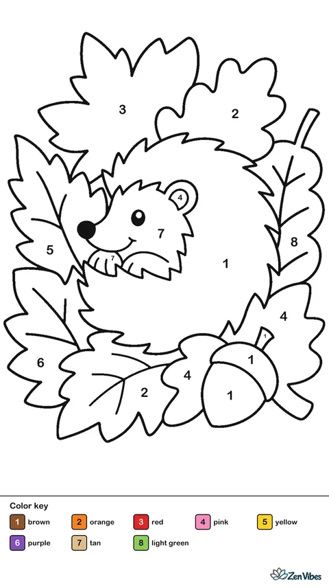 A hedgehog curled among fallen leaves with an acorn nearby