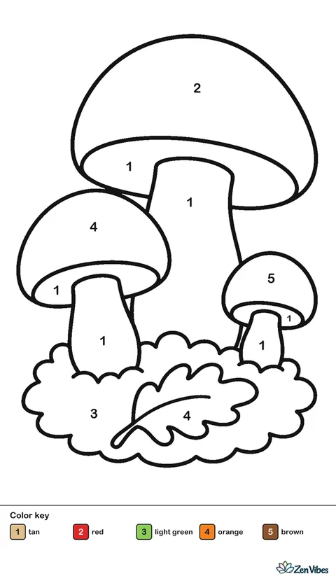 Three mushrooms of different sizes growing from a mossy patch with one fallen leaf
