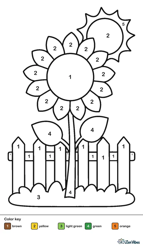 One tall sunflower with big petals in front of a low fence and a sun