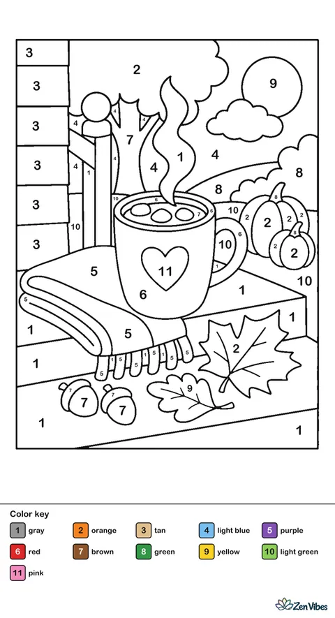 A steaming mug of cocoa on a porch step with a folded blanket and two leaves