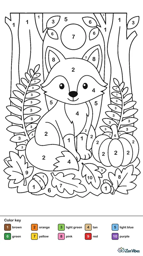 A fox sitting among ferns and fallen leaves with tree trunks behind