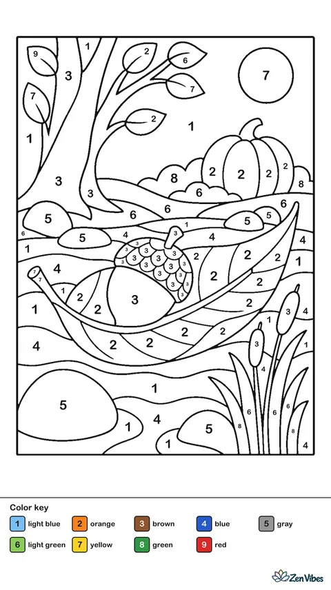 A big leaf floating like a boat on a stream with rocks and reeds, an acorn as its passenger