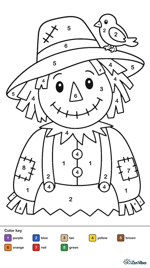 A friendly scarecrow head and shoulders with a straw hat, patched shirt, and a bird on the hat