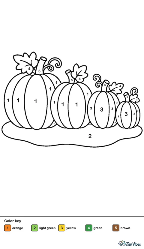 Four pumpkins of different sizes in a row, each with a leaf, on a patch of grass