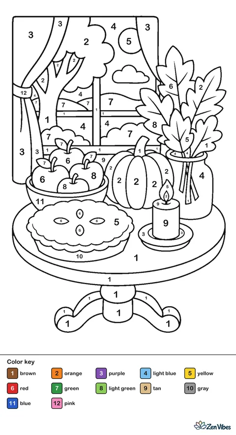 A table with a pie, a bowl of apples, a small pumpkin, a candle, and a jar of leaves