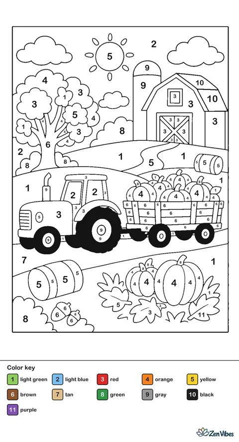 A tractor pulling a wagon of pumpkins across a field with hay bales and a barn