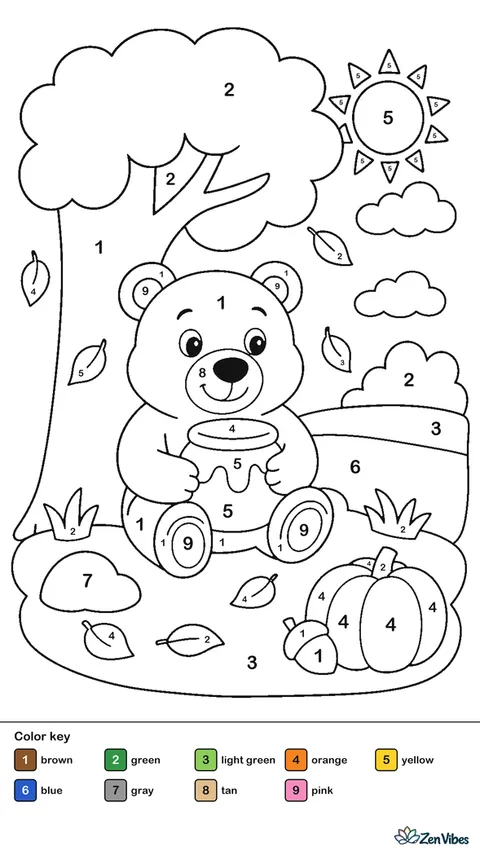 A bear sitting under a tree holding a honey jar with a few leaves falling