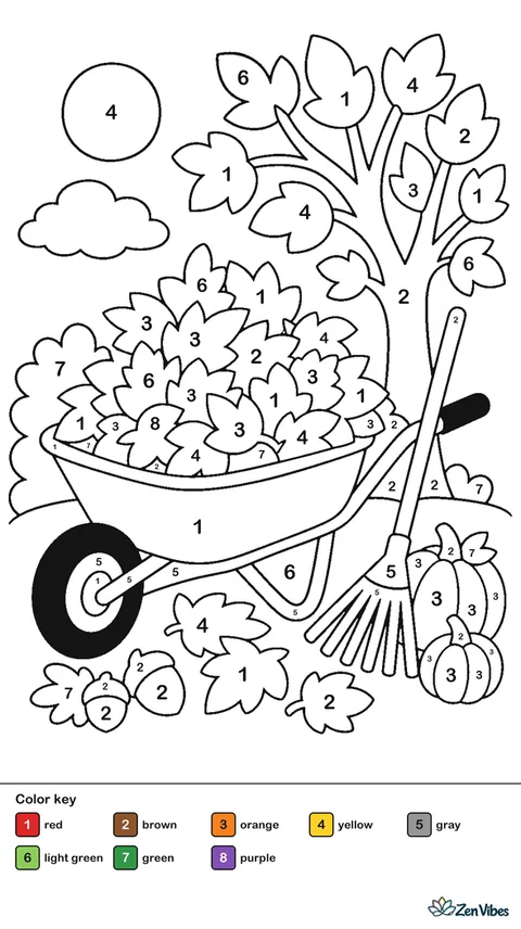 A wheelbarrow overflowing with leaves next to a rake and a small tree