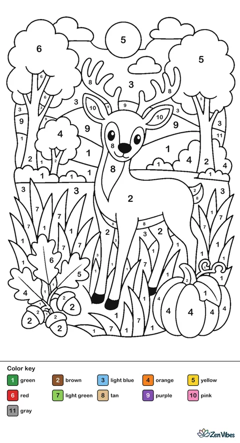 A deer standing in tall grass with a few trees in fall colors and hills behind