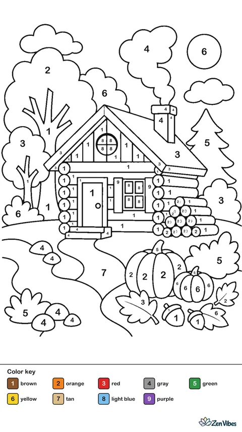 A small log cabin with smoke from the chimney, a stack of firewood, and trees in fall colors