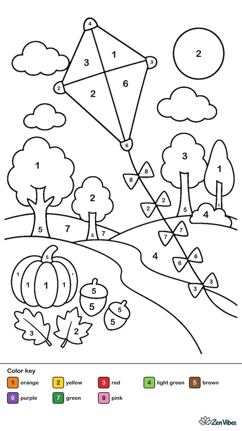 A kite with a long tail flying over rolling hills dotted with trees in fall colors