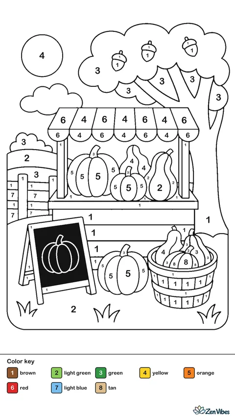 A wooden farm stand with pumpkins, gourds, and a chalk sign, a tree behind