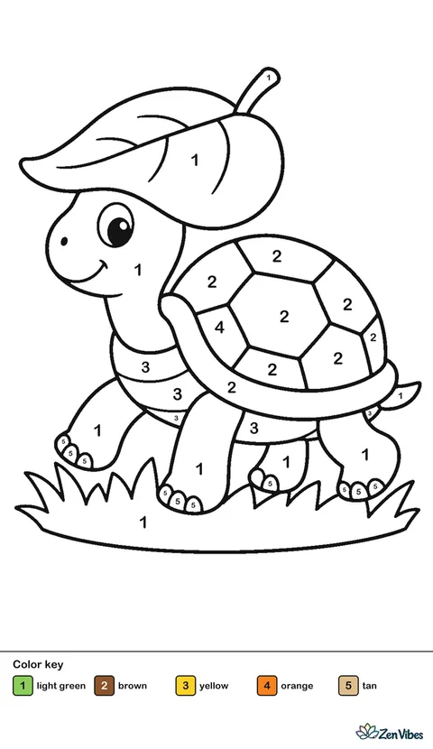 A turtle wearing a big leaf as a hat, walking through short grass